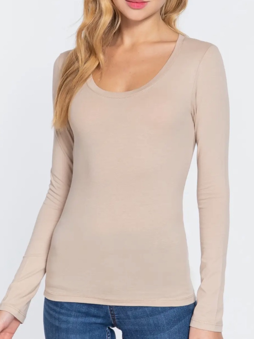 ShopEvelynne Beige Long Sleeve Scoop Neck Top